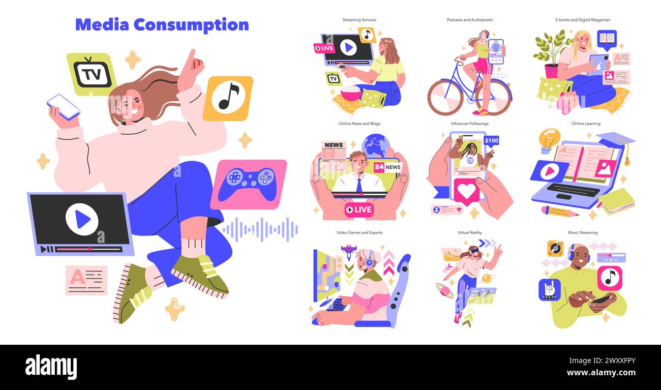 Il consumo dei contenuti multimediali crea un coinvolgimento diversificato delle piattaforme digitali esplorando video, musica, notizie, gaming, esperienze virtuali le informazioni moderne accedono ai modi di illustrazione vettoriale Illustrazione Vettoriale