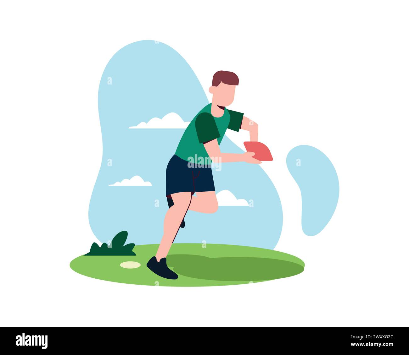 Un uomo che gioca a rugby all'aperto, tiene la palla e corre sul campo. Illustrazione vettoriale per sport, giovane giocatore di rugby, concetto di football americano Illustrazione Vettoriale