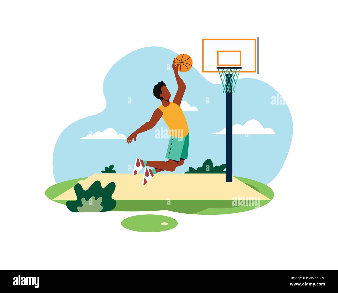 Giovane che salta giocando a basket nel parco. Stile di vita attivo per il concetto e l'illustrazione dello sport. Illustrazione Vettoriale