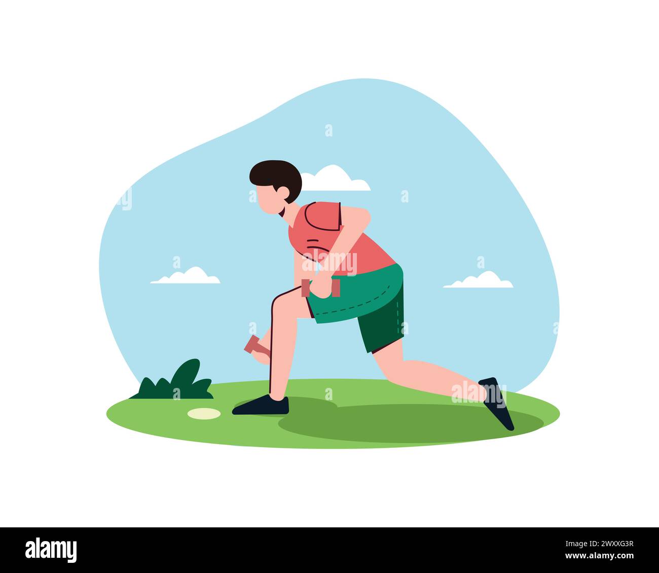 Uomo dei cartoni animati che si allena con manubri per ottenere muscoli illustrazione vettoriale piatta. Sport, fitness, concetto di motivazione per banner, progettazione di siti Web Illustrazione Vettoriale