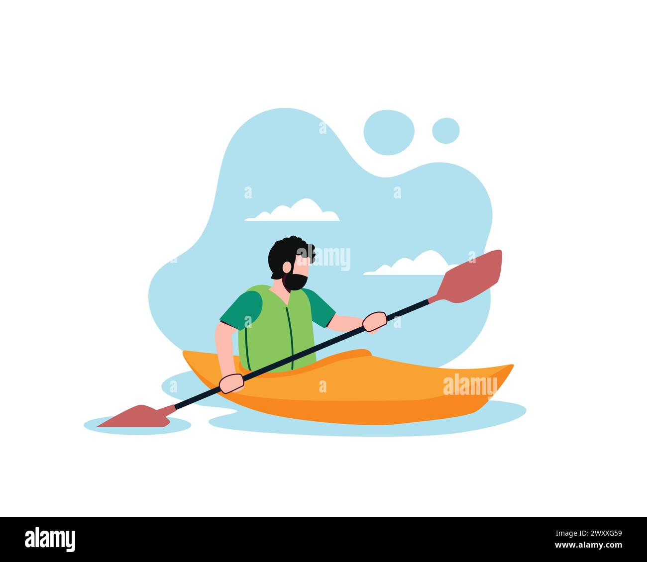 Uomo che fa rafting in canoa sull'acqua, semplice sfondo blu del cielo. Uomo cartoni animati seduto in barca, tenendo il pagaia e godendo di concetti di avventura estiva. Vettore Illustrazione Vettoriale