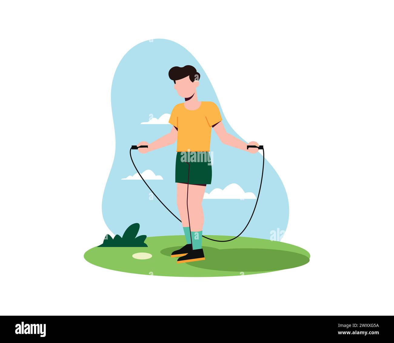 Giovane uomo attivo che fa il salto di corda. Saltare l'esercizio cardiovascolare. Design piatto per l'illustrazione del concetto di sport e tempo libero. Illustrazione Vettoriale