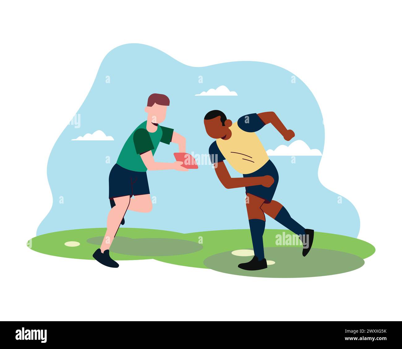 La silhouette di due giocatori maschi di rugby isolati su sfondo bianco. Ripresa in studio di uomini in movimento o in movimento con la palla. Illustrazione Vettoriale
