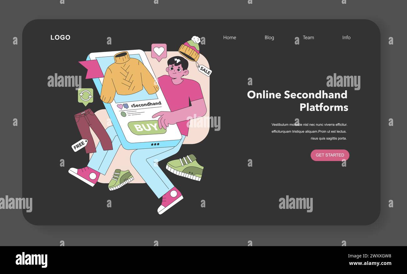 Shopping digitale. Un acquirente entusiasta fa clic su "acquista" su un articolo di moda di seconda mano, godendo della comodità delle piattaforme online per acquisti sostenibili. Illustrazione vettoriale. Illustrazione Vettoriale