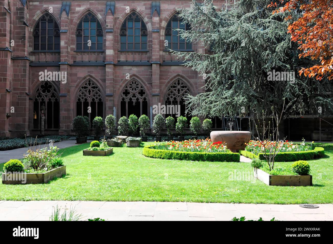 La Cattedrale alta di Magonza, un giardino ben curato con fiori colorati di fronte a un monastero storico, Magonza, Renania-Palatinato, Germania Foto Stock