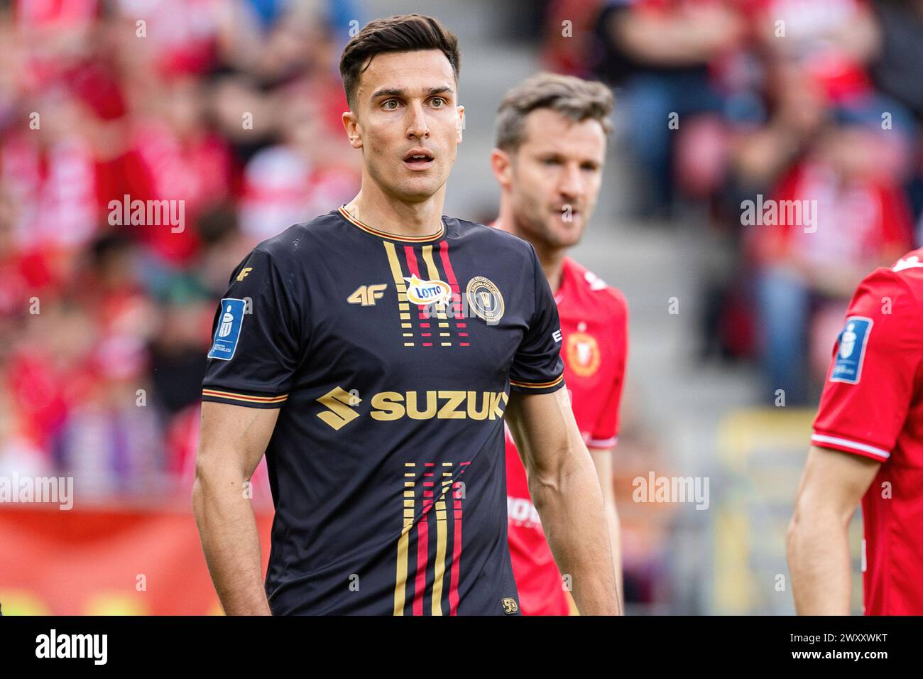 Lodz, Polonia. 1 aprile 2024. Dominick Zator di Korona visto durante la partita polacca di PKO Ekstraklasa League tra Widzew Lodz e Korona Kielce allo stadio municipale di Widzew Lodz. Punteggio finale; Widzew Lodz vs Korona Kielce 3:1. (Foto di Mikolaj Barbanell/SOPA Images/Sipa USA) credito: SIPA USA/Alamy Live News Foto Stock