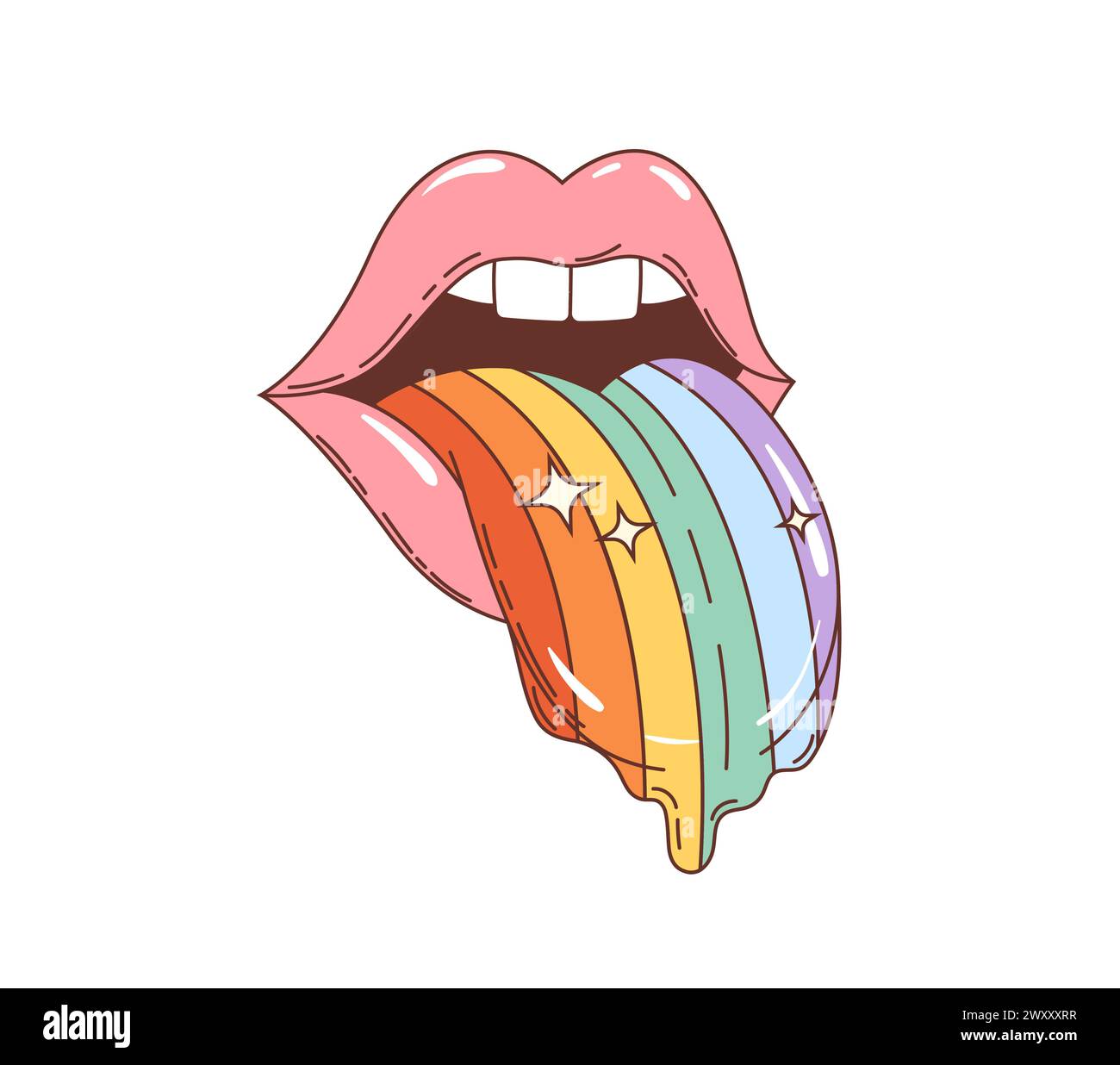 Labbra da cartoni animati hippie con arcobaleno. Femmina a bocca aperta rosa vettoriale isolata con colorata lingua di trippy attaccante, che suggerisce un'esperienza psichedelica o un viaggio di droga in nostalgico stile hippy anni '60 o '70 Illustrazione Vettoriale