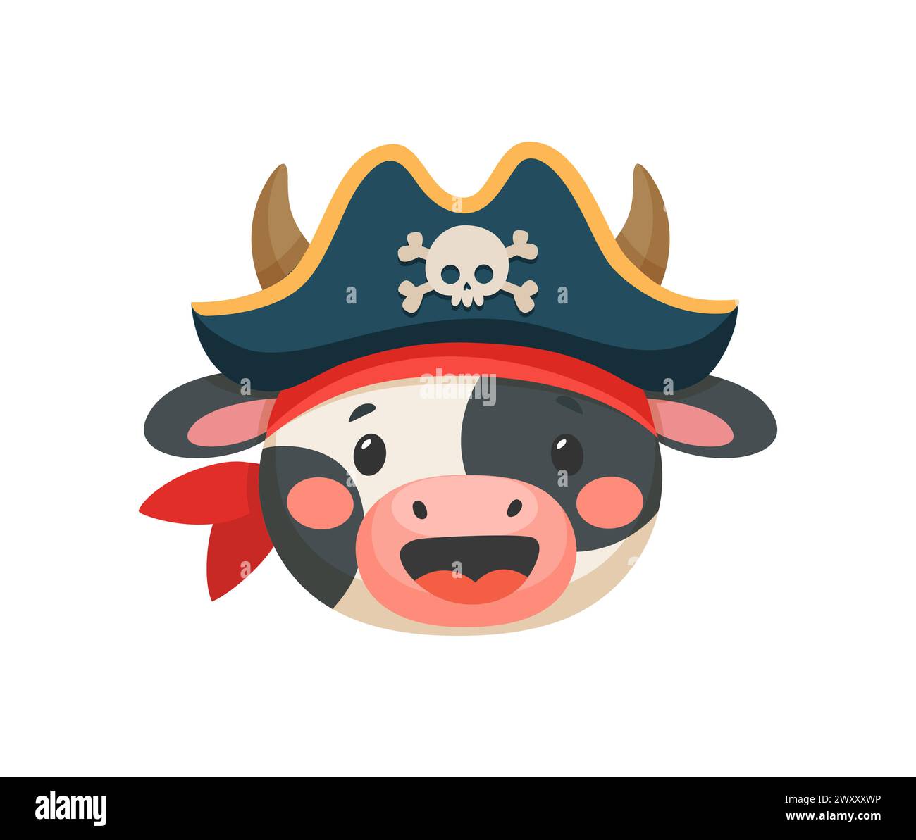 Animale da cartoni animati pirata e corsaro. Marinaio e capitano, skipper e personaggio di Boatswain. Il volto di un simpatico personaggio a filibustiere kawaii, vettoriale isolato, con un ampio sorriso, una bandana e un cappello rover tricorn Illustrazione Vettoriale