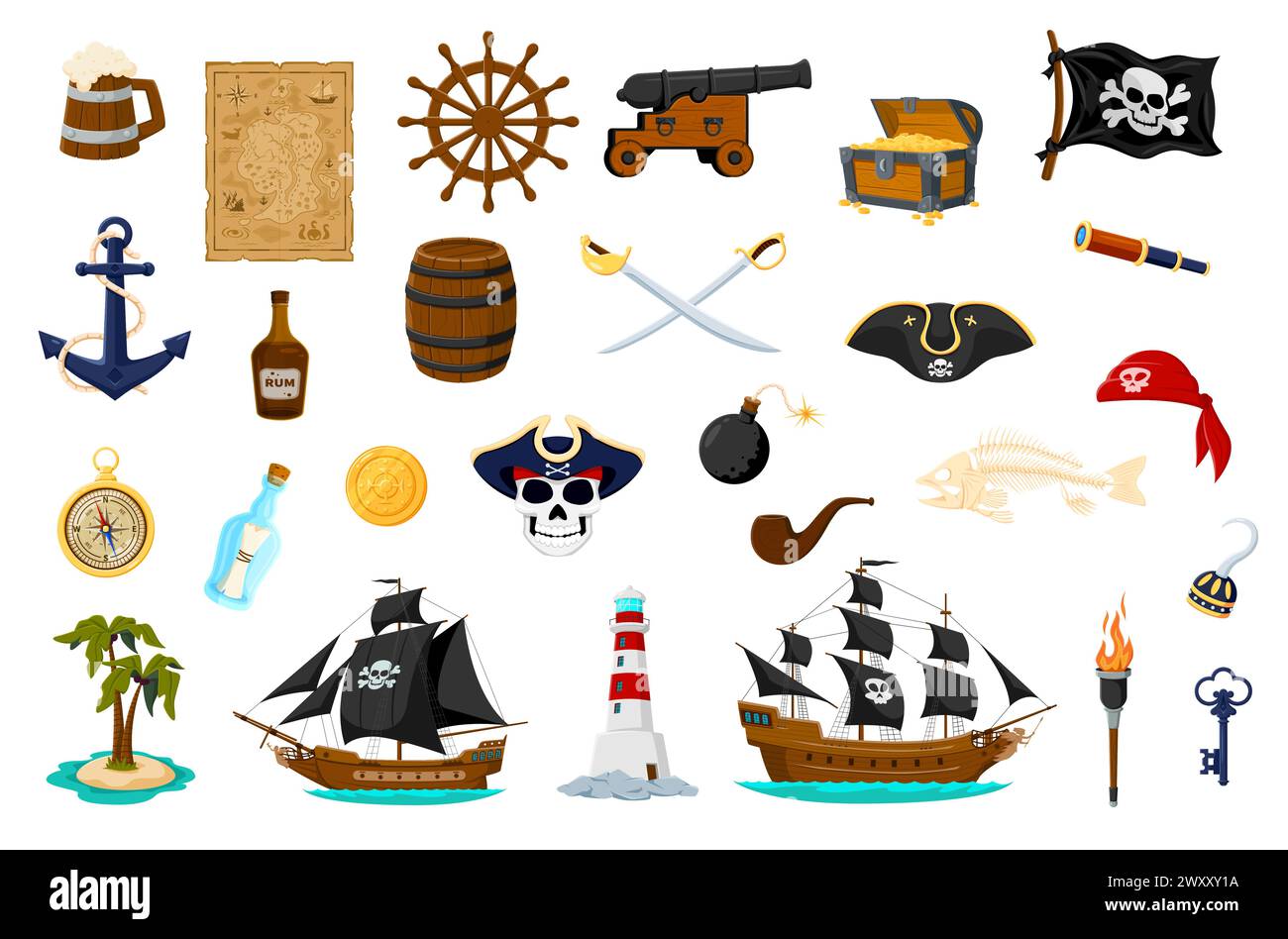 Cartoni animati pirati di mare e articoli di corsaro. Scrigno e mappa del tesoro, nave a vela e cannone. Timone, bandiera nera con Jolly Roger e ancora, tricorno, bottiglia e isola con palma. Faro, tubo e torcia Illustrazione Vettoriale