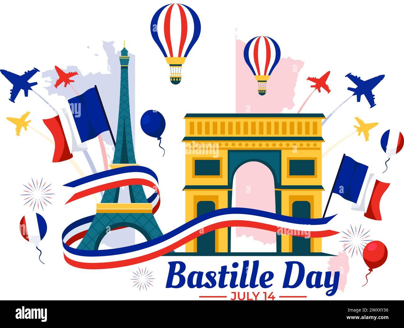 Illustrazione vettoriale della Festa della Bastiglia il 14 luglio con bandiera francese, nastro e Torre Eiffel sullo sfondo del cartone animato delle feste nazionali Illustrazione Vettoriale