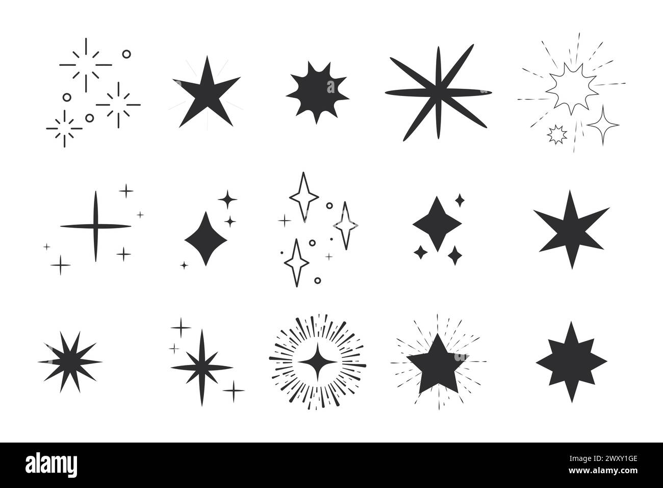 La stella celeste batte lo scarabocchio, il contorno illumina i fuochi d'artificio, l'esplosione delle feste isolata su sfondo bianco. Stella stellare magica dorata. Illustrazione vettoriale Illustrazione Vettoriale