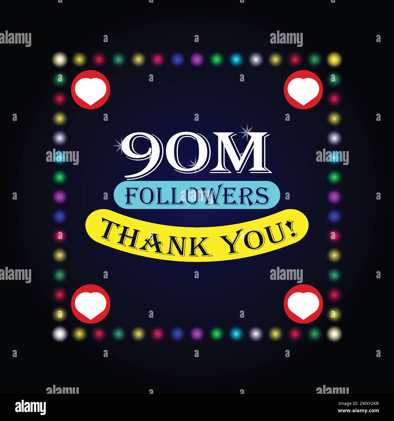 90 milioni di follower biglietto di auguri di ringraziamento con luci colorate su sfondo scuro. Design colorato per social network, sfondo post social media Illustrazione Vettoriale