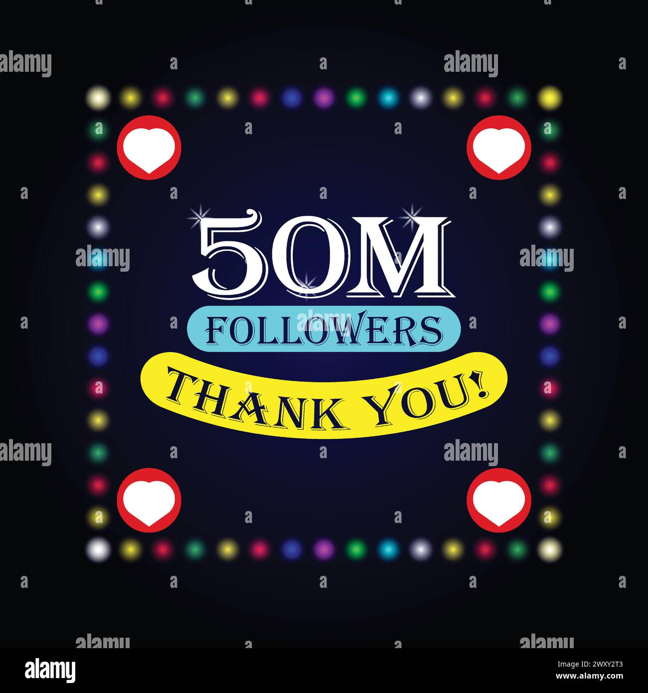 50 milioni di follower biglietto di auguri di ringraziamento con luci colorate su sfondo scuro. Design colorato per social network, sfondo post social media Illustrazione Vettoriale