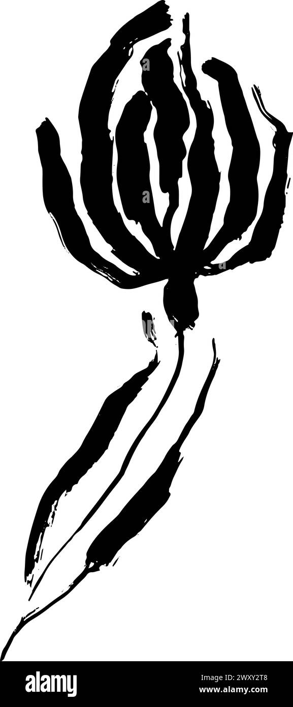 Dry Bruch Grunge Poppy Flower silhouette Illustrazione Vettoriale