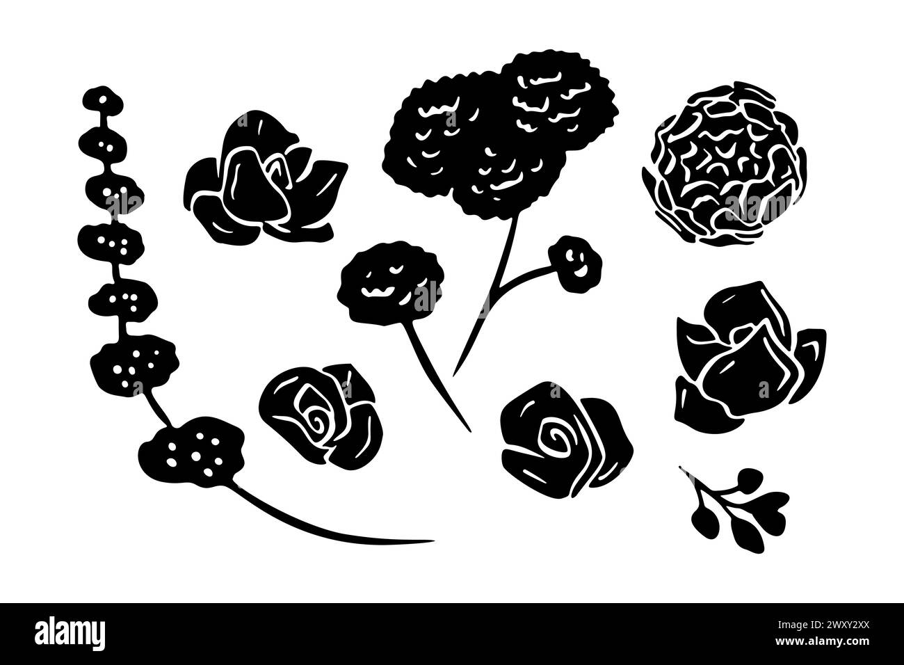 Set di fiori astratti e rami sagome nere Illustrazione Vettoriale