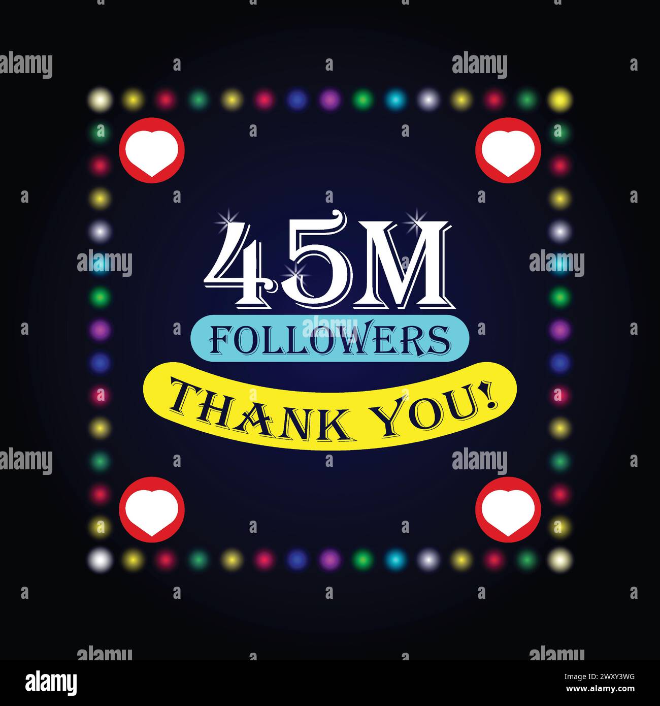 45 milioni di follower biglietto di auguri di ringraziamento con luci colorate su sfondo scuro. Design colorato per social network, sfondo post social media Illustrazione Vettoriale