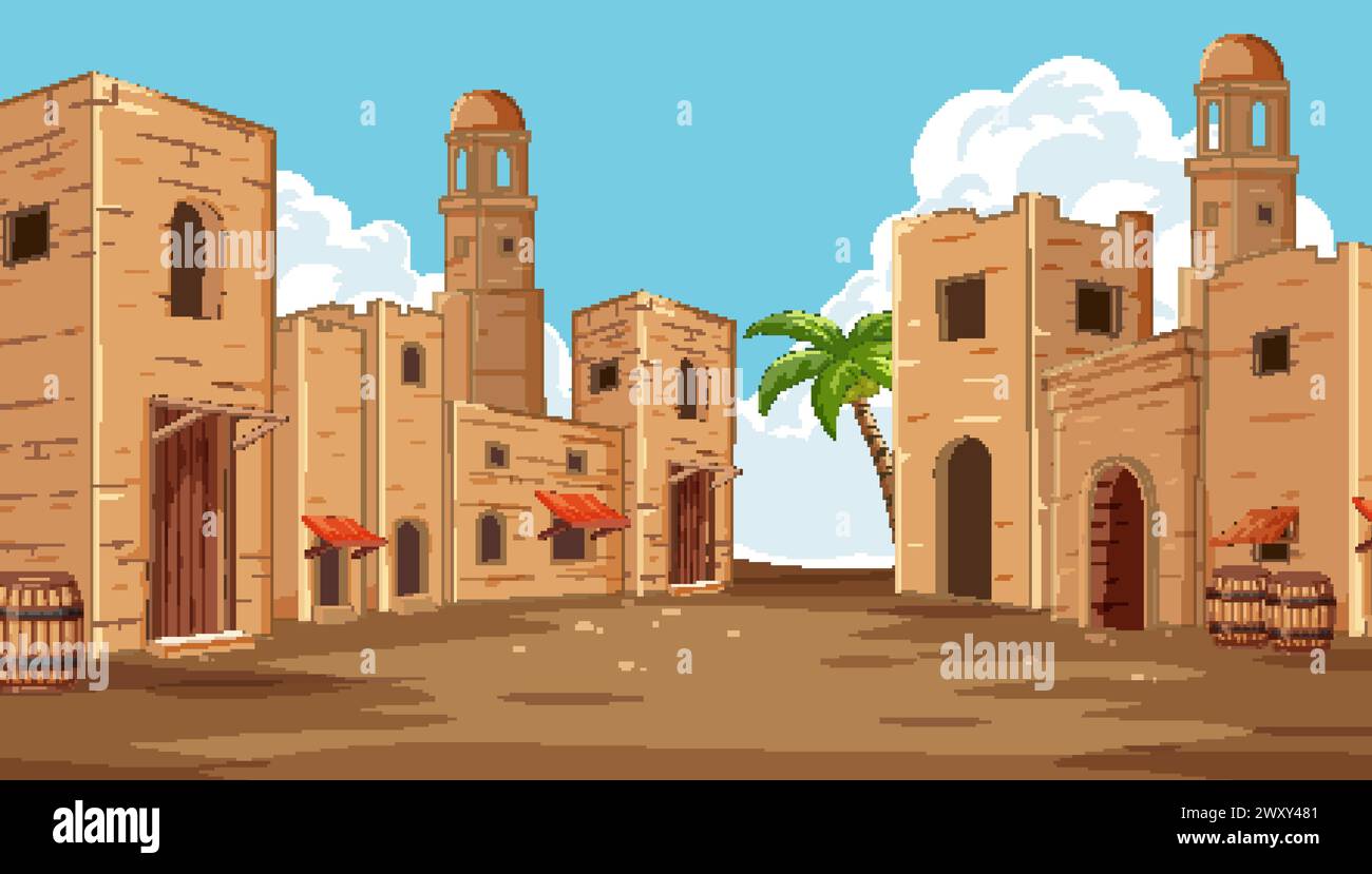 Illustrazione vettoriale di un tranquillo villaggio nel deserto Illustrazione Vettoriale