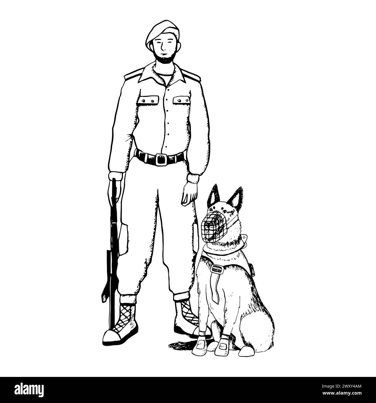 Soldato bianco e nero che giurava con il cane K9 Illustrazione Vettoriale