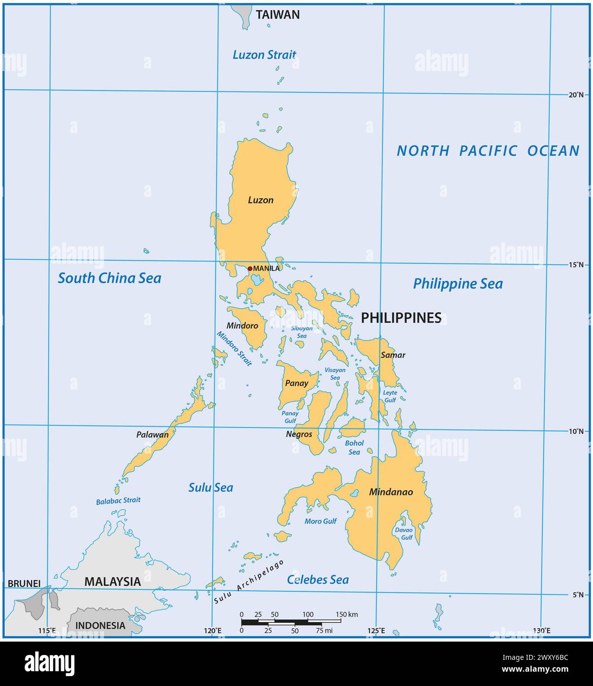 Semplice mappa panoramica dello stato insulare asiatico delle Filippine Foto Stock