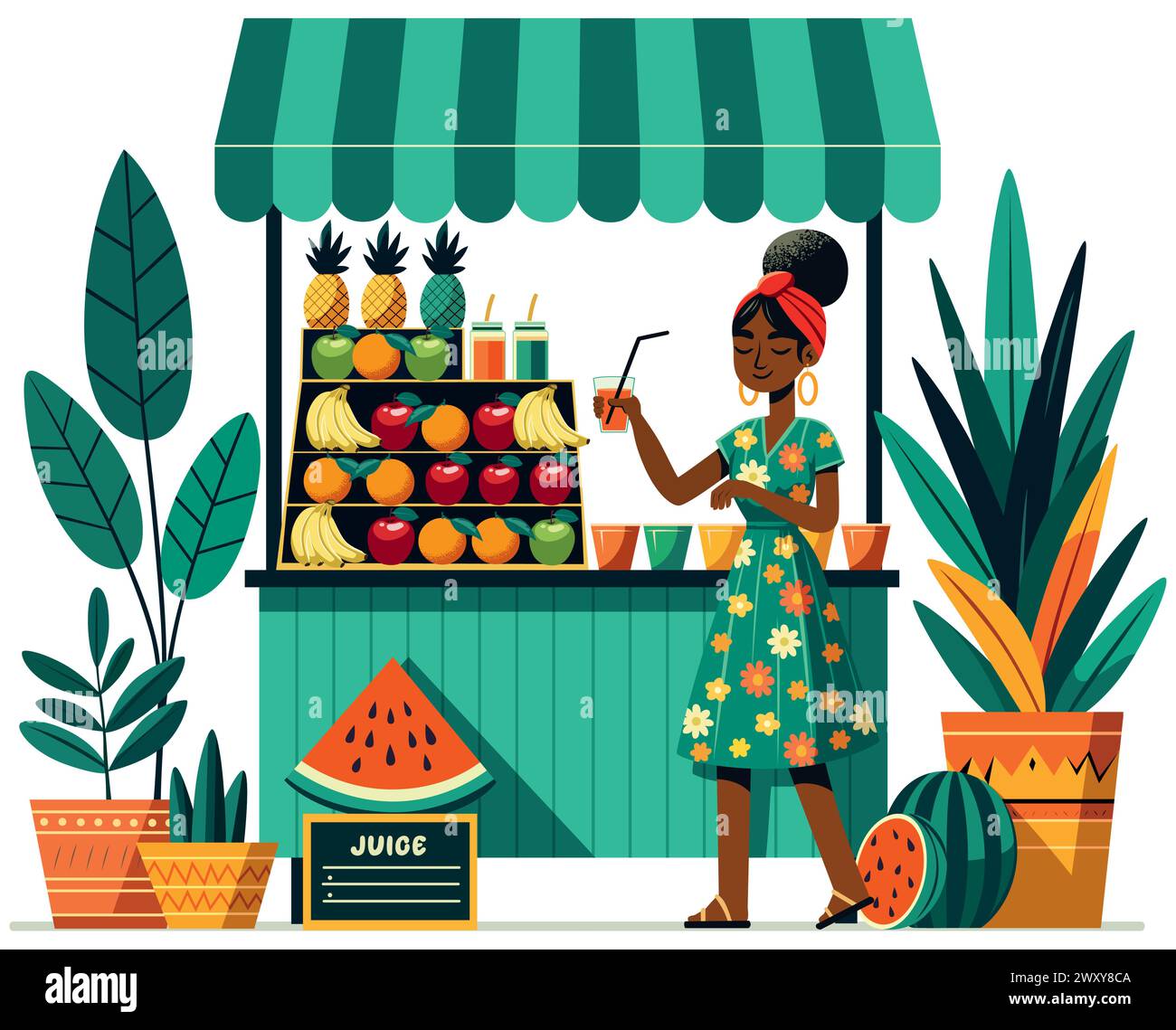 Illustrazione dal design piatto di una donna africana che serve succo di frutta in un vivace stand, isolato su sfondo bianco. Illustrazione Vettoriale