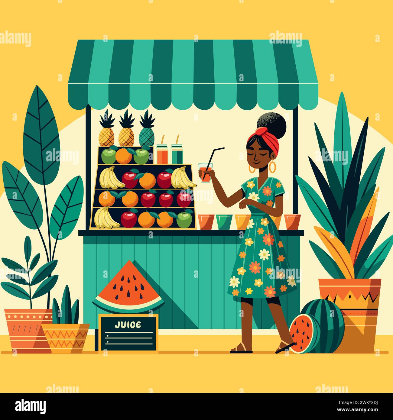 Illustrazione dal design piatto di una donna africana che serve succo di frutta in una vivace strada, circondata da piante. Illustrazione Vettoriale