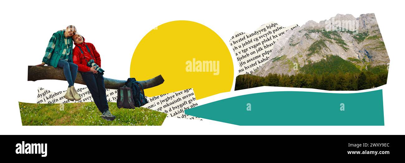 Banner. Collage d'arte contemporanea. Due giovani, una bella coppia seduto su un tronco e ammirando paesaggi e montagne. Foto Stock