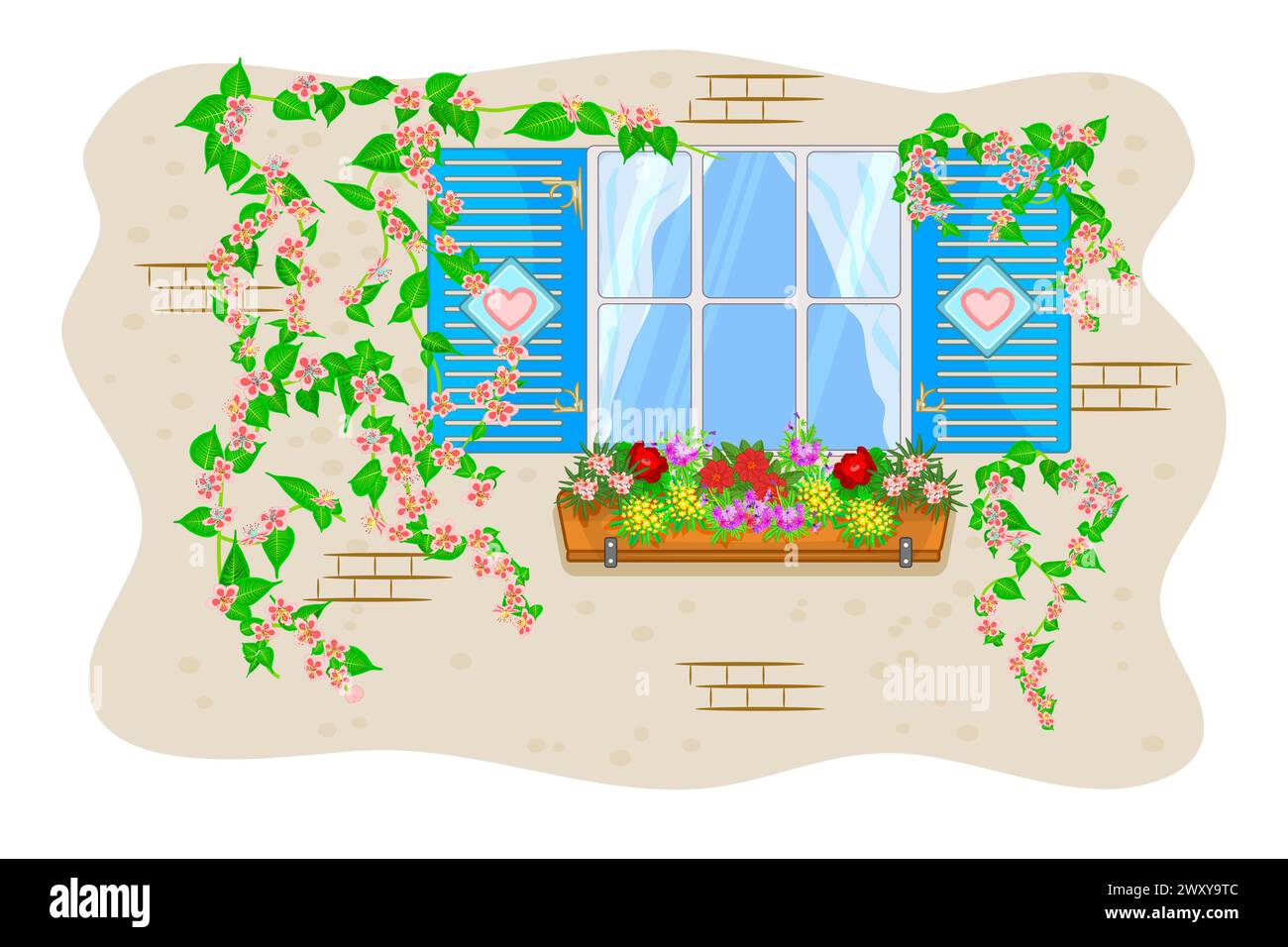 Finestra con persiane e fiori. Finestra in legno con fiori in vaso e piante rampicanti. Finestra con tende e rami fioriti sulla parete. Vector Illustrazione Vettoriale