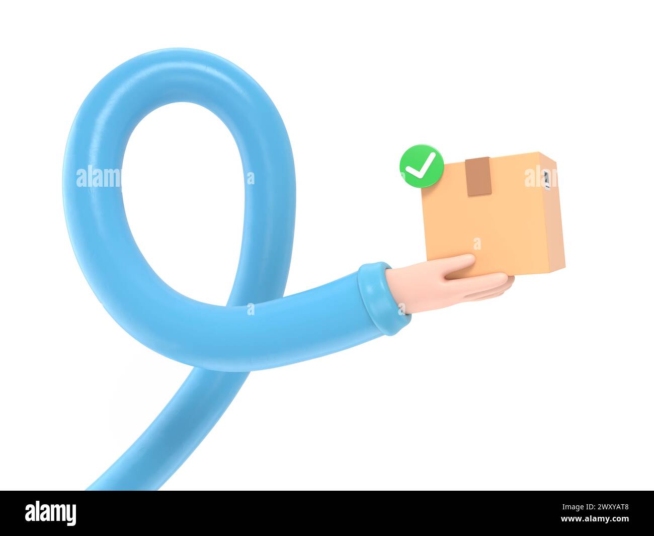 Pacco 3D con maniglia con segno di spunta. Consegna dell'ordine in scatola di cartone. Concetto di consegna rapida. Posta tramite corriere. Icona del design creativo dei cartoni animati.lungo Foto Stock