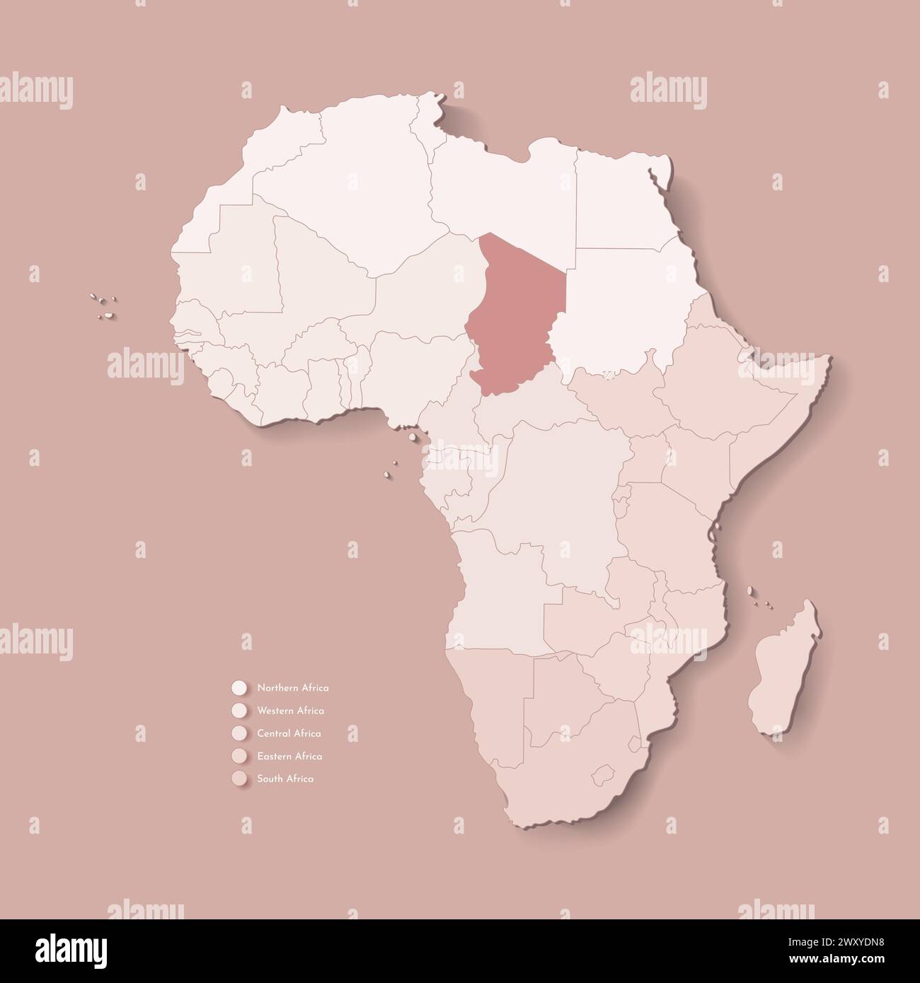 Illustrazione vettoriale con continente africano con confini di tutti gli stati e paese segnato Ciad. Mappa politica di colore marrone con occidentale, sud ed e. Illustrazione Vettoriale