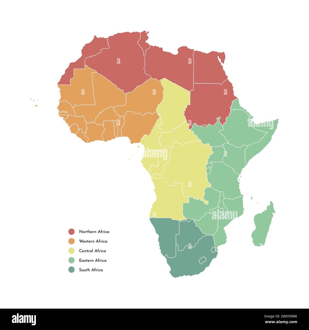 Illustrazione vettoriale isolata con continente africano con confini di tutti gli stati. Mappa politica con i nomi delle regioni. Sfondo e contorno bianchi Illustrazione Vettoriale