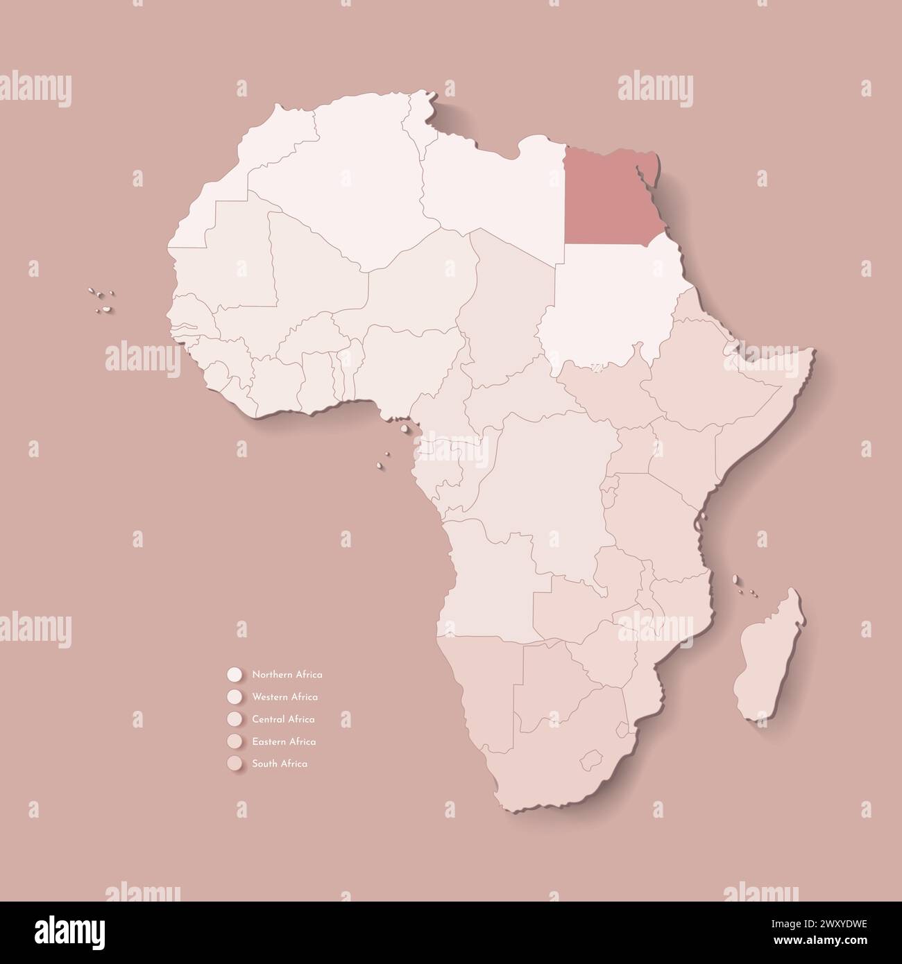 Illustrazione vettoriale con continente africano con confini di tutti gli stati e paese marcato Egitto. Mappa politica di colore marrone con occidentale, sud e. Illustrazione Vettoriale