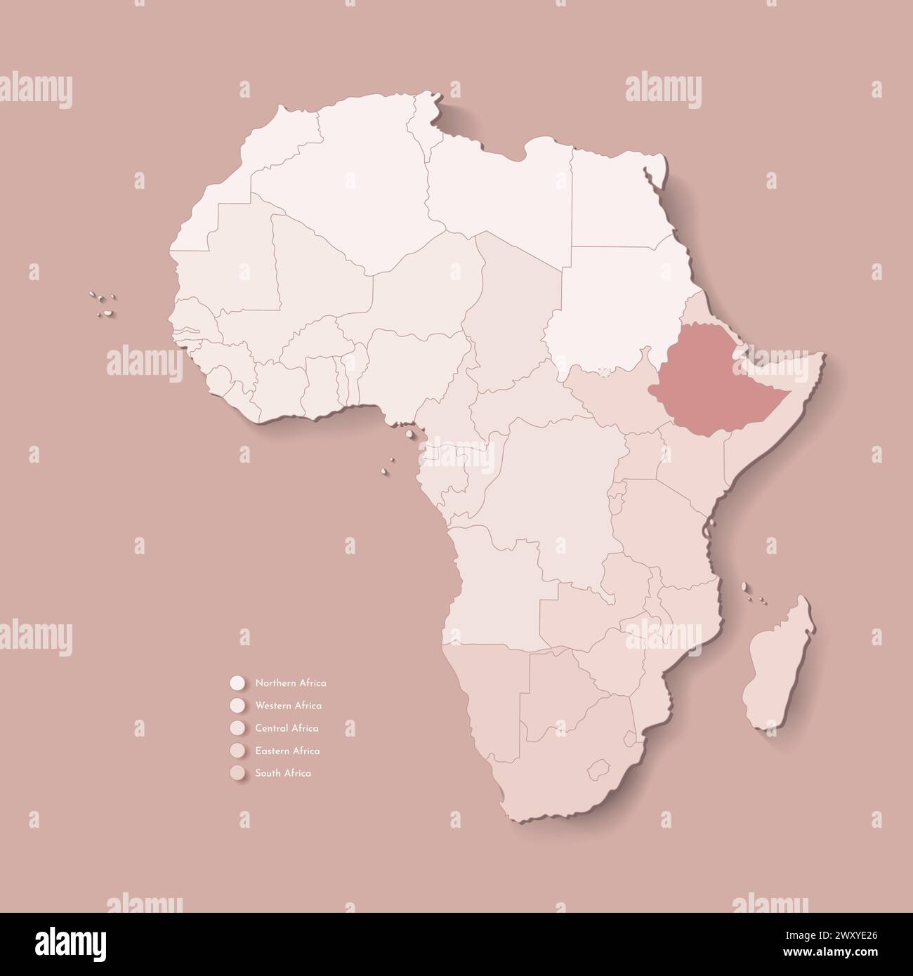 Illustrazione vettoriale con continente africano con confini di tutti gli stati e paese marcato Etiopia. Mappa politica di colore marrone con occidentale, sud A. Illustrazione Vettoriale