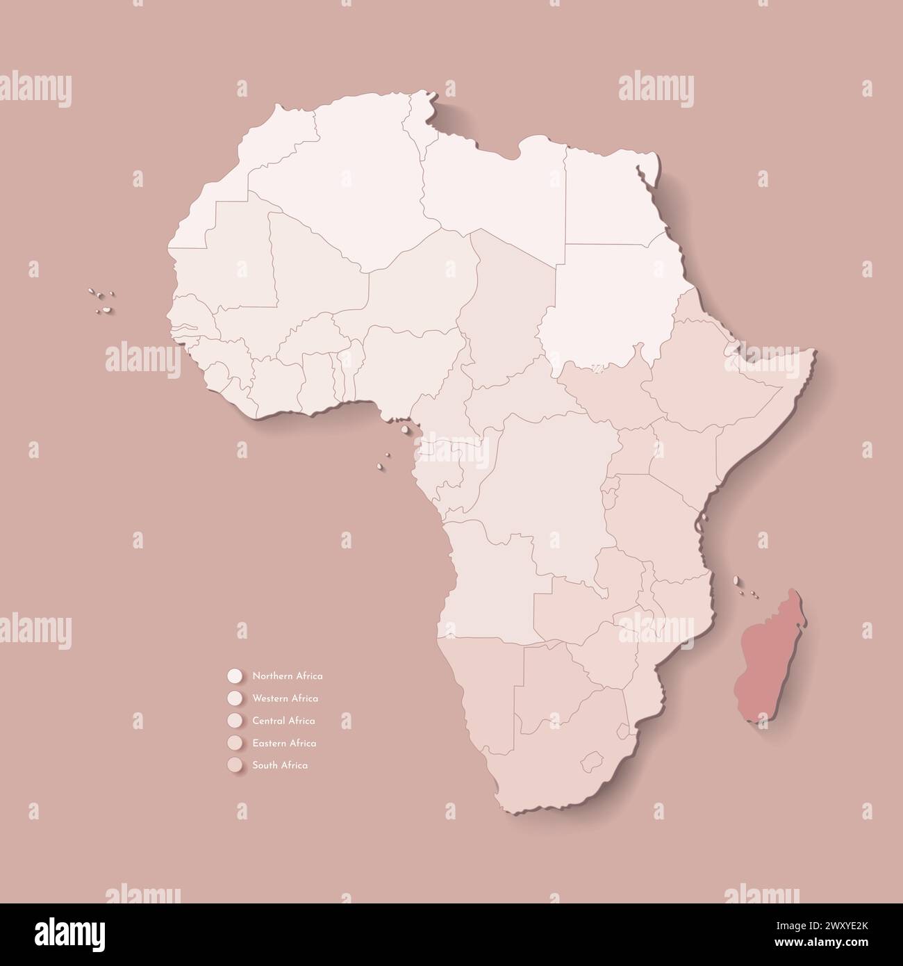 Illustrazione vettoriale con continente africano con confini di tutti gli stati e paese marcato Madagascar. Mappa politica di colore marrone con occidentale, sud Illustrazione Vettoriale