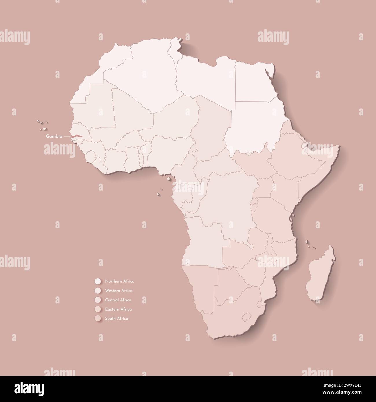 Illustrazione vettoriale con continente africano con confini di tutti gli stati e paese segnato Gambia. Mappa politica di colore marrone con occidentale, sud e. Illustrazione Vettoriale
