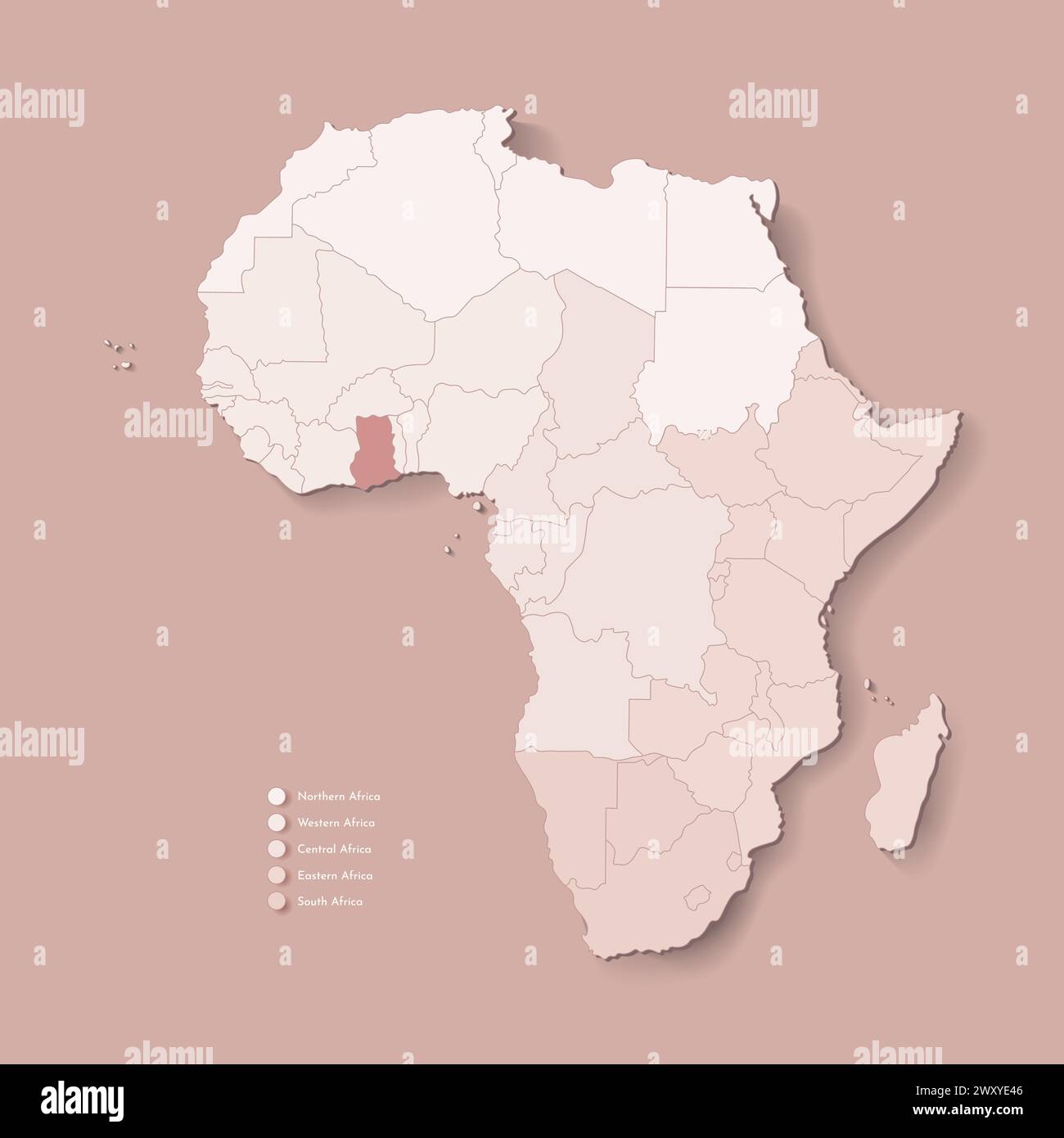 Illustrazione vettoriale con continente africano con confini di tutti gli stati e paese marcato Ghana. Mappa politica di colore marrone con occidentale, sud e. Illustrazione Vettoriale