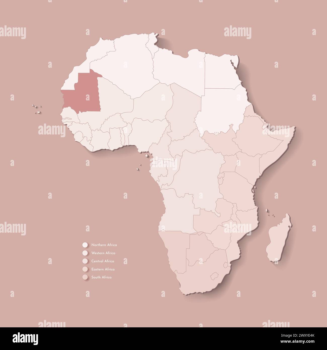Illustrazione vettoriale con continente africano con confini di tutti gli stati e paese marcato Mauritania. Mappa politica di colore marrone con occidentale, sud Illustrazione Vettoriale