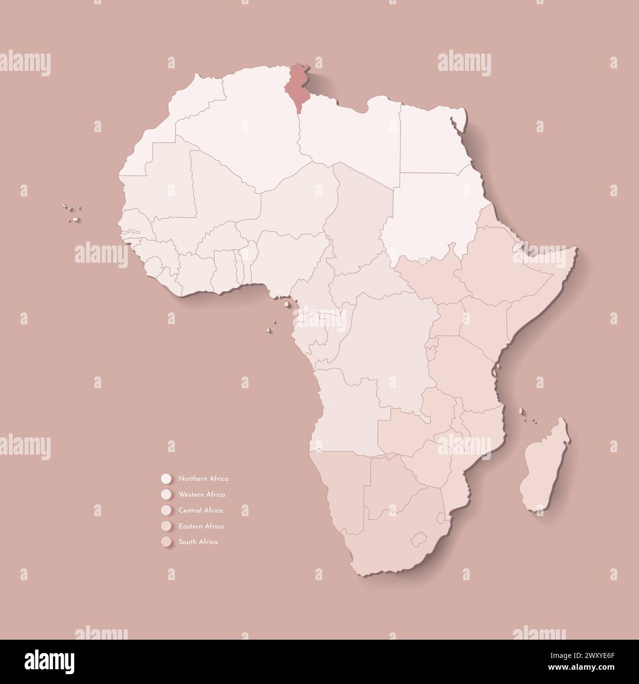 Illustrazione vettoriale con continente africano con confini di tutti gli stati e paese marcato Tunisia. Mappa politica in colori marroni con occidentale, sud AN Illustrazione Vettoriale