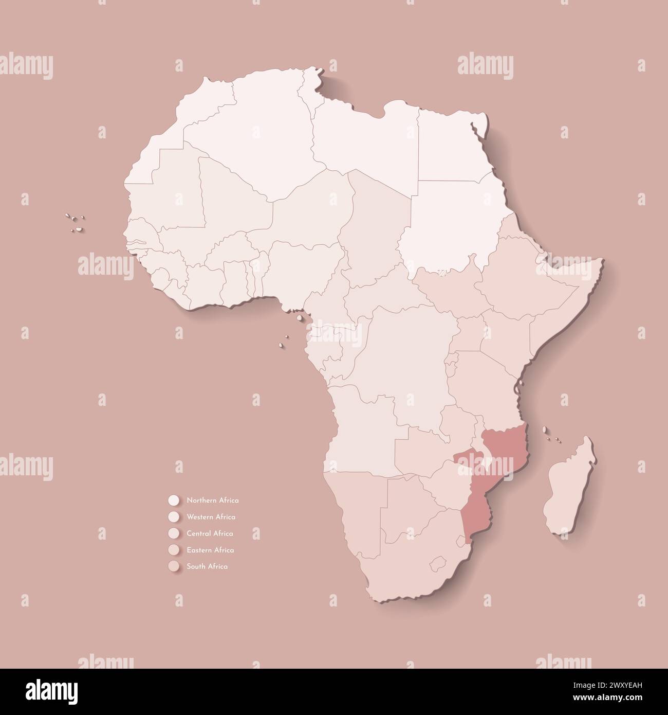 Illustrazione vettoriale con continente africano con confini di tutti gli stati e paese marcato Mozambico. Mappa politica di colore marrone con occidentale, sud Illustrazione Vettoriale