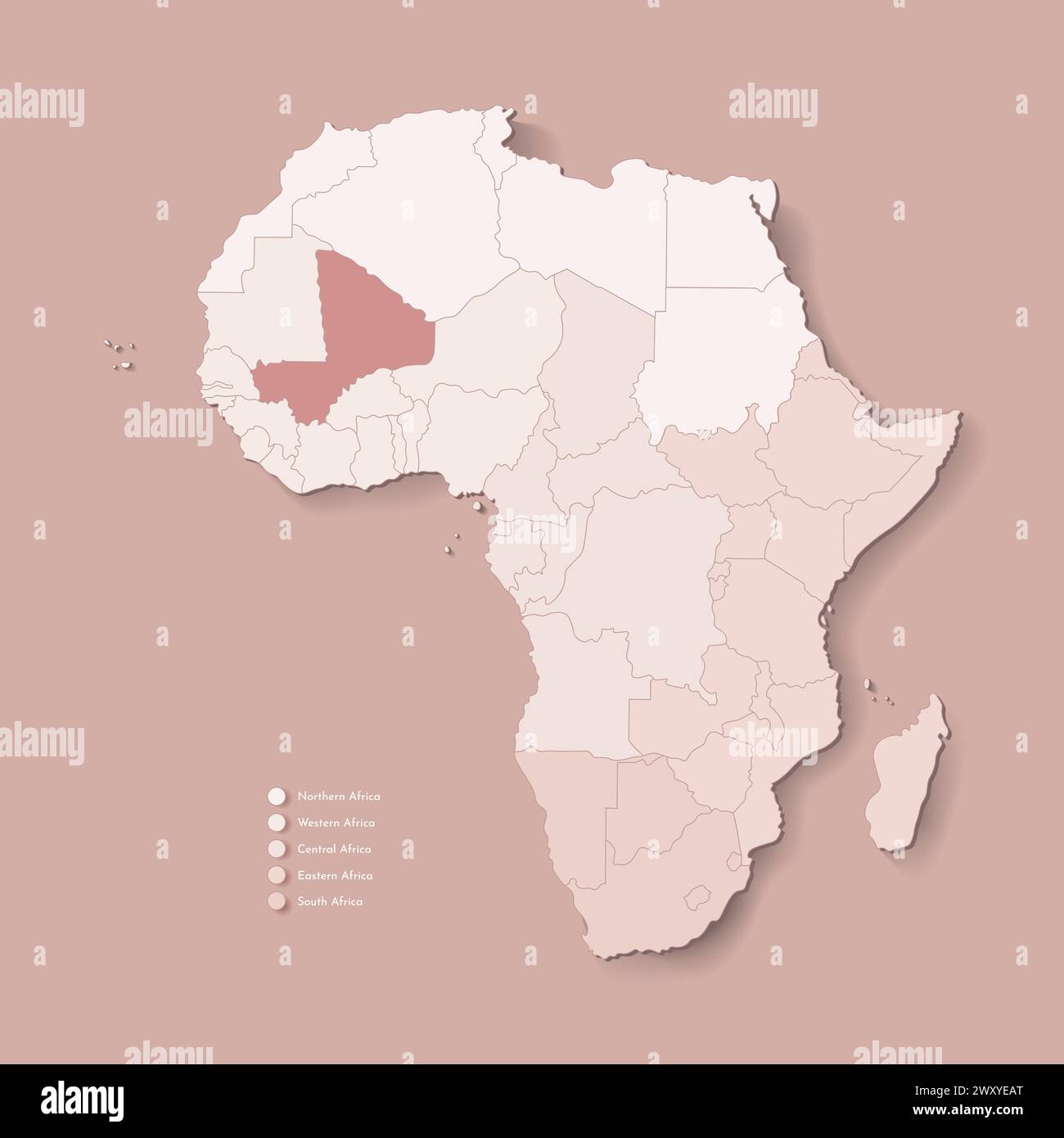 Illustrazione vettoriale con continente africano con confini di tutti gli stati e paese marcato Mali. Mappa politica di colore marrone con occidentale, sud ed e. Illustrazione Vettoriale