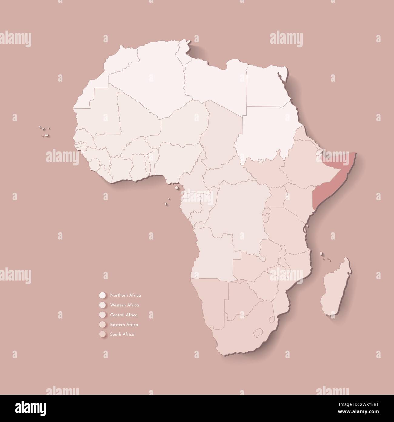 Illustrazione vettoriale con continente africano con confini di tutti gli stati e paese segnato Somalia. Mappa politica in colori marroni con occidentale, sud AN Illustrazione Vettoriale