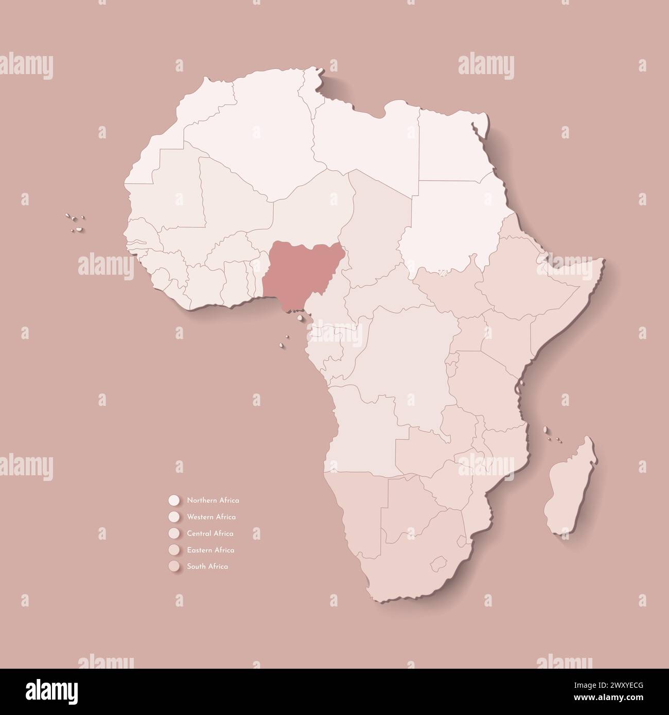 Illustrazione vettoriale con continente africano con confini di tutti gli stati e paese marcato Nigeria. Mappa politica in colori marroni con occidentale, sud AN Illustrazione Vettoriale