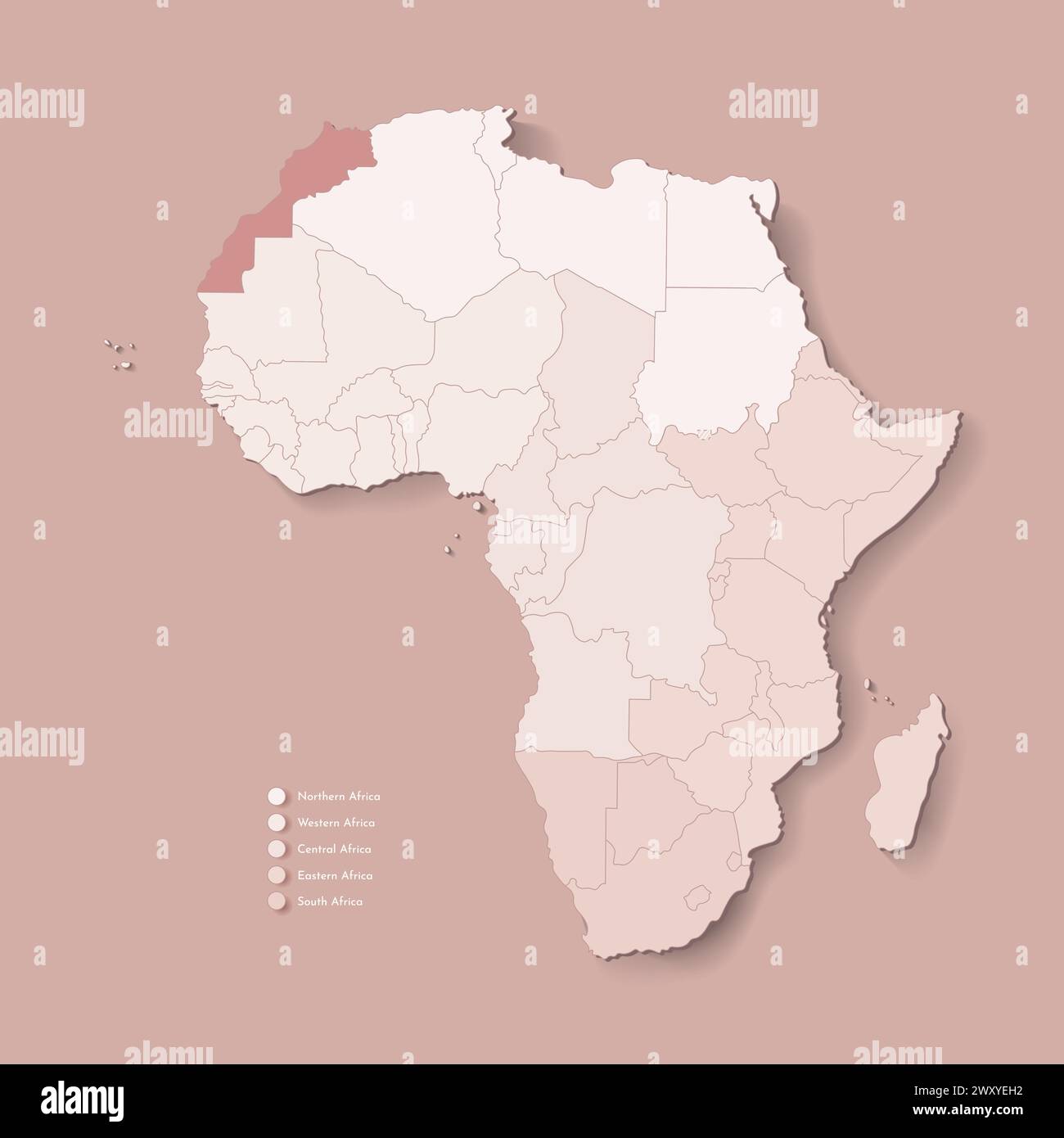 Illustrazione vettoriale con continente africano con confini di tutti gli stati e paese marcato Marocco. Mappa politica in colori marroni con occidentale, sud AN Illustrazione Vettoriale
