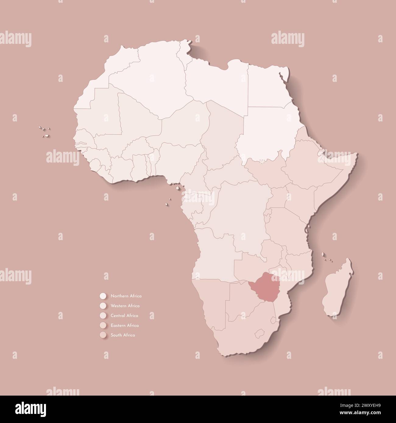 Illustrazione vettoriale con continente africano con confini di tutti gli stati e paese segnato Zimbabwe. Mappa politica di colore marrone con occidentale, sud A. Illustrazione Vettoriale