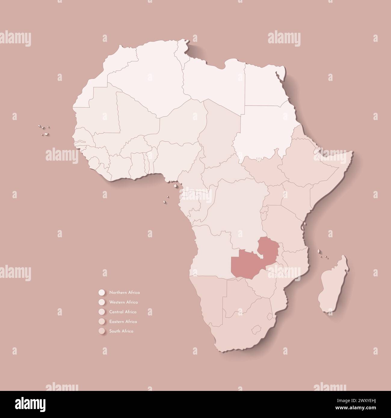 Illustrazione vettoriale con continente africano con confini di tutti gli stati e paese marcato Zambia. Mappa politica di colore marrone con occidentale, sud e. Illustrazione Vettoriale