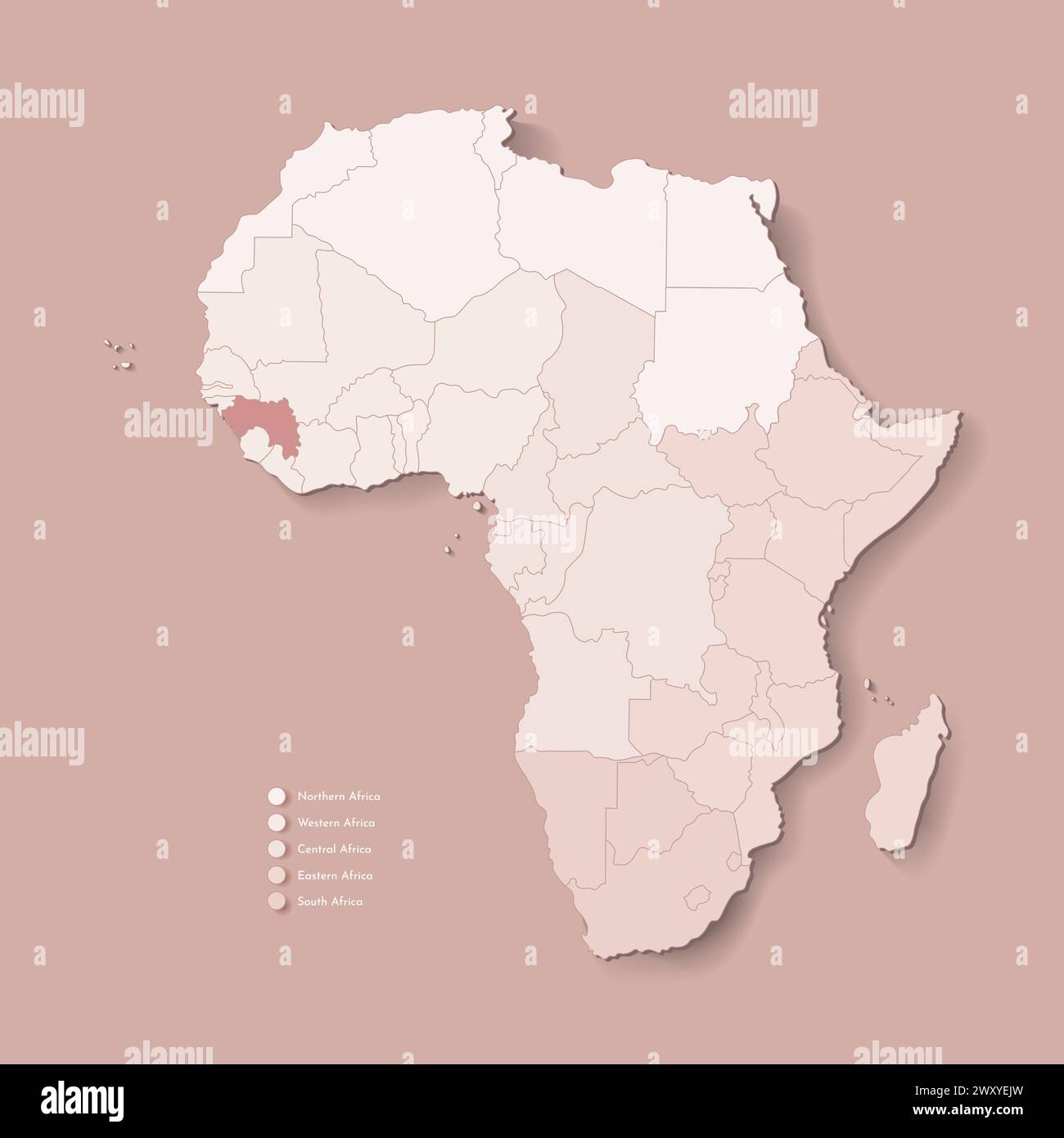 Illustrazione vettoriale con continente africano con confini di tutti gli stati e paese marcato Guinea. Mappa politica di colore marrone con occidentale, sud e. Illustrazione Vettoriale