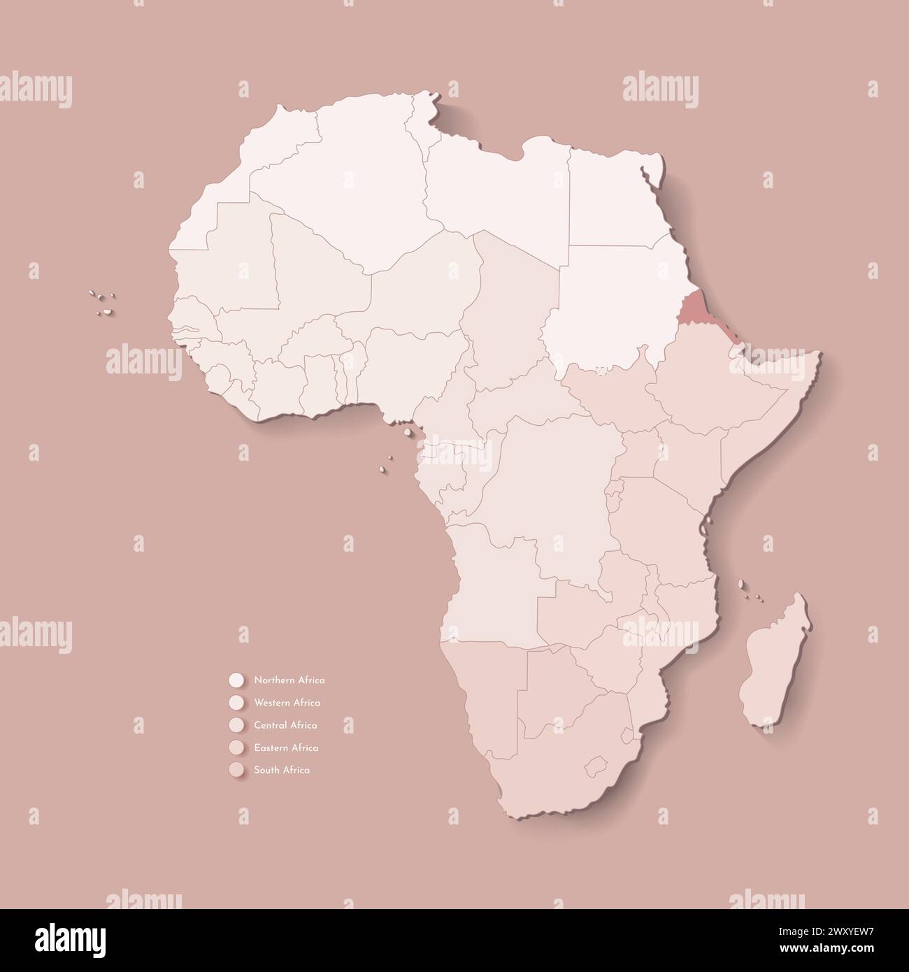 Illustrazione vettoriale con continente africano con confini di tutti gli stati e paese marcato Eritrea. Mappa politica in colori marroni con occidentale, sud AN Illustrazione Vettoriale