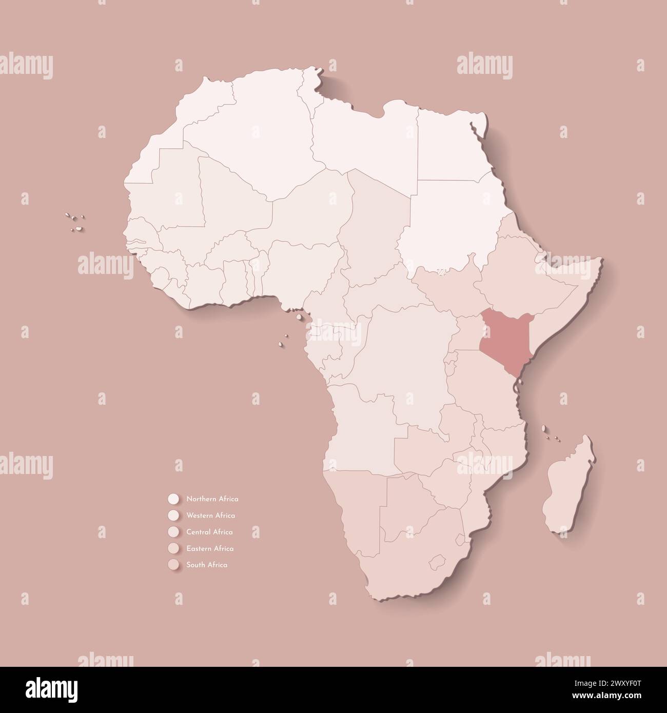 Illustrazione vettoriale con continente africano con confini di tutti gli stati e paese marcato Kenya. Mappa politica di colore marrone con occidentale, sud e. Illustrazione Vettoriale