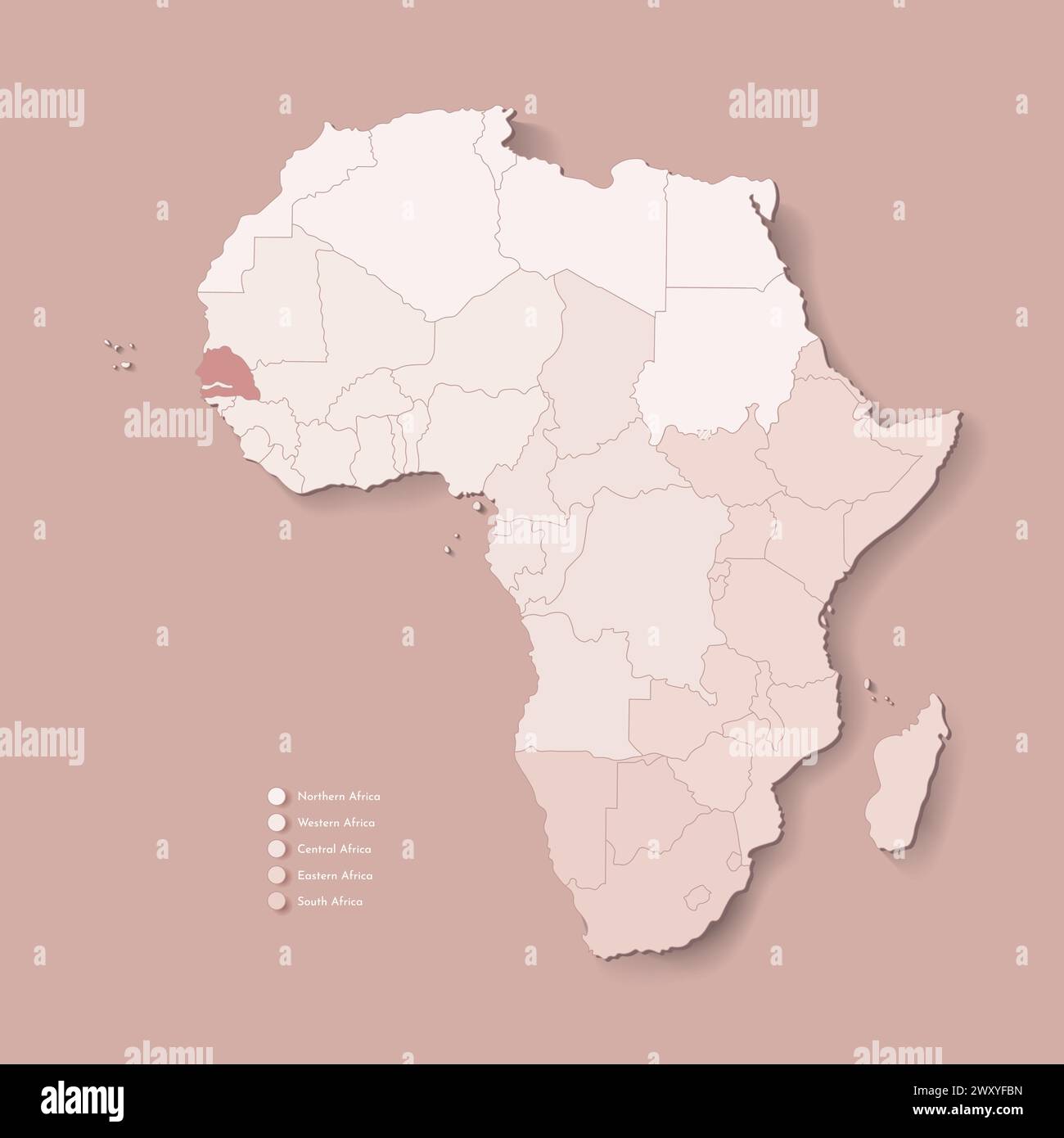 Illustrazione vettoriale con continente africano con confini di tutti gli stati e paese marcato Senegal. Mappa politica in colori marroni con occidentale, sud AN Illustrazione Vettoriale