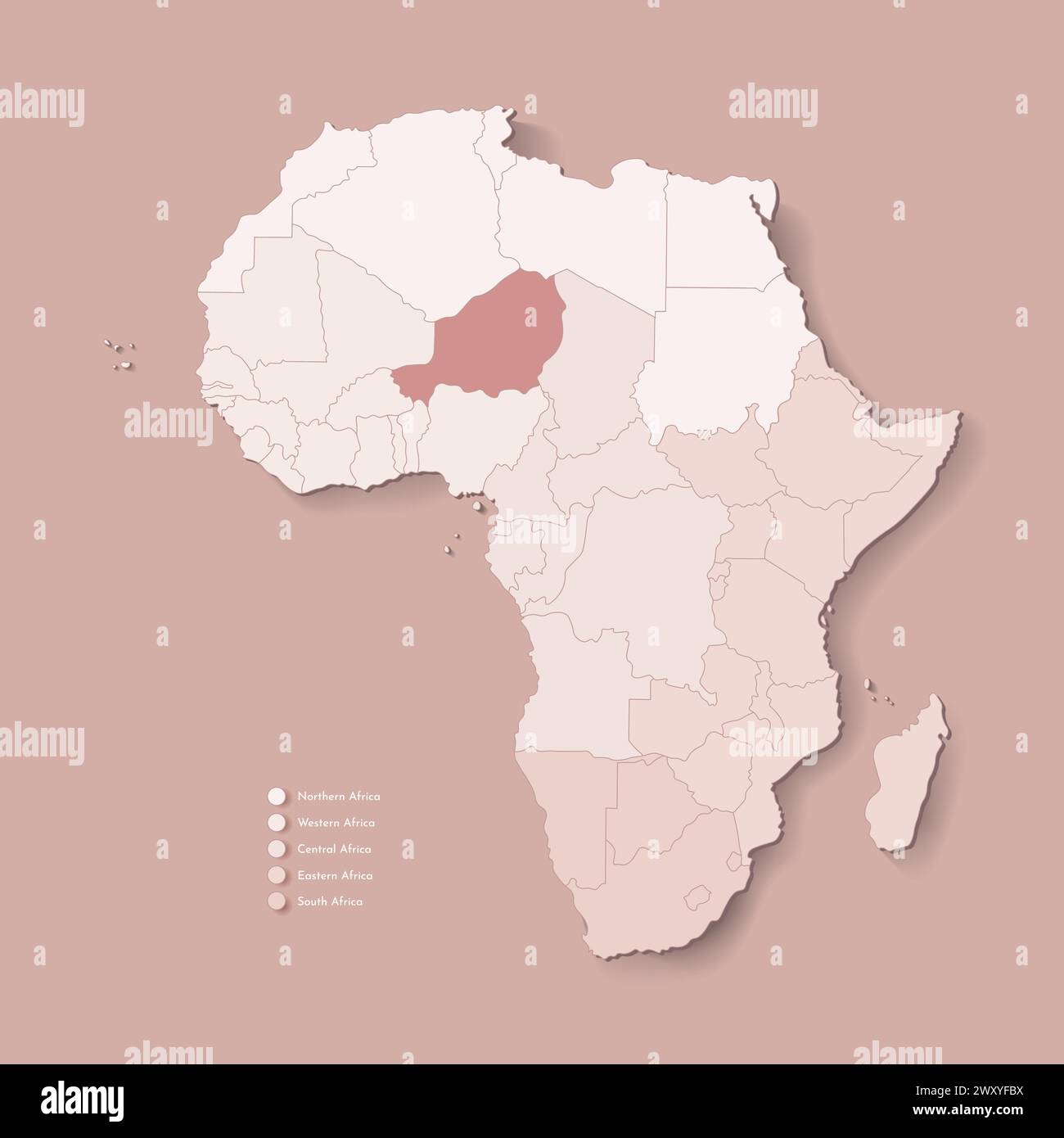 Illustrazione vettoriale con continente africano con confini di tutti gli stati e paese marcato Niger. Mappa politica di colore marrone con occidentale, sud e. Illustrazione Vettoriale