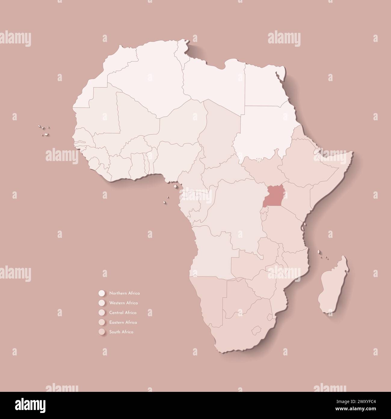 Illustrazione vettoriale con continente africano con confini di tutti gli stati e paese marcato Uganda. Mappa politica di colore marrone con occidentale, sud e. Illustrazione Vettoriale